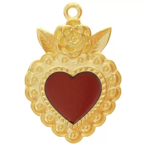 Pendente cuore con fiore 27x18 mm e resina epossidica-Dorato con oro -Rosso x1