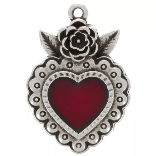 Pendente cuore con fiore 27x18mm resina epossidica placcatura argento fino - Rosso