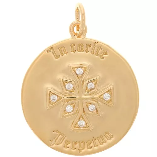 Pendente rotondo 17 mm con Ossido di zirconio -croce-placcato oro 3 micron-Cristallo x1