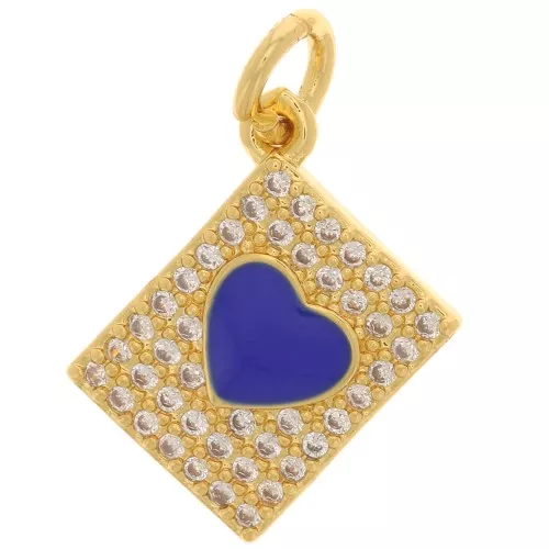 Ciondolo rettangolare con ossido di zirconio cuore in resina epossidica 13x9 mm Dorato- Blu