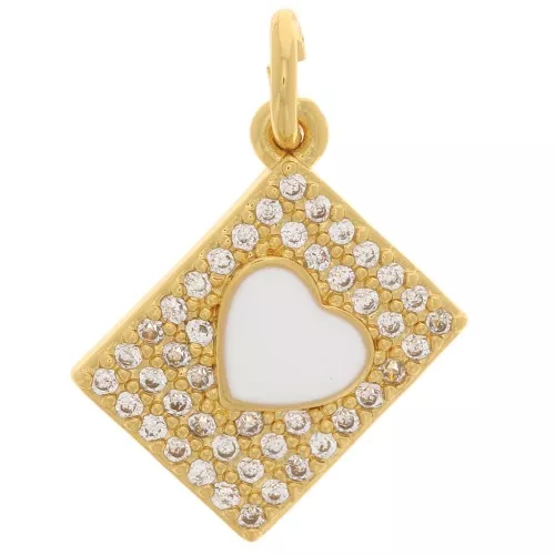 Ciondolo rettangolare con ossido di zirconio cuore in resina epossidica 13x9 mm Dorato Bianco
