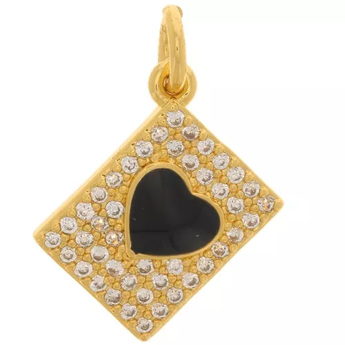 Ciondolo rettangolare con ossido di zirconio cuore in resina epossidica 13x9 mm -Dorato- Nero
