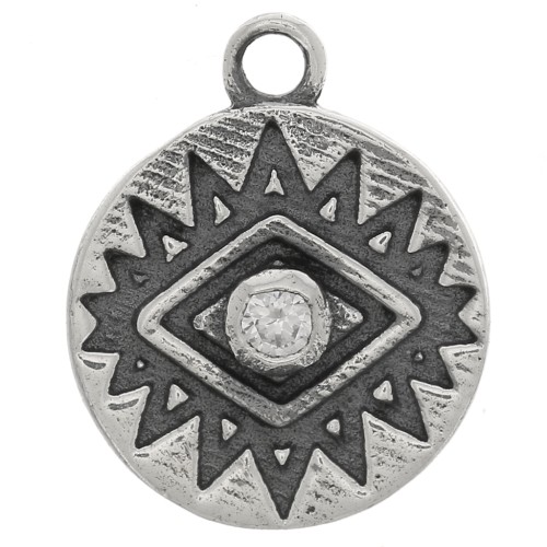 Charm rotondo 10 mm - motivo a occhio con Ossido di zirconio - Argento 925 ossidato - Cristallo x1