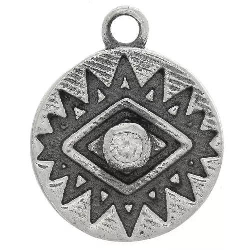 Charm rotondo 10 mm - motivo a occhio con Ossido di zirconio - Argento 925 ossidato - Cristallo x1