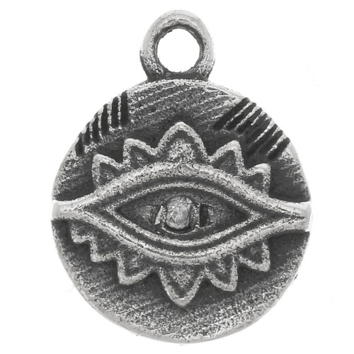 Ciondolo rotondo 9 mm - motivo occhio etnico con Ossido di zirconio - Argento 925 ossidato - Cristallo