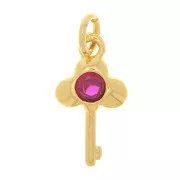 Ciondolo a forma di chiave con Ossido di zirconio 13x7 mm - Oro - Fucsia x1