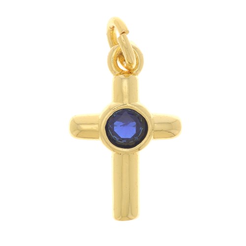 Ciondolo a croce con Ossido di zirconio 12x8 mm - oro - blu scuro x1