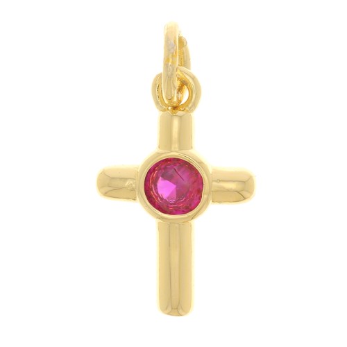 Ciondolo a croce con Ossido di zirconio 12x8 mm - Oro - Fucsia x1