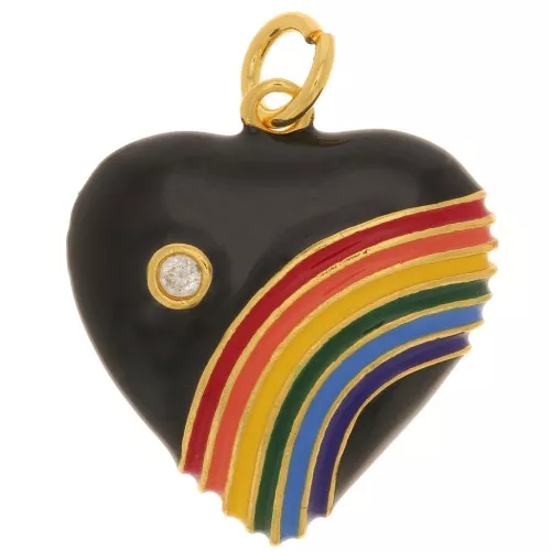 Pendente cuore in resina epossidica e  Ossido di zirconio 19.5x17mm -Oro-Nero-Multicolore x1