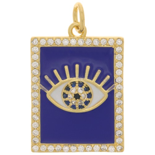 Pendente occhio rettangolare con resina epossidica e Ossido di zirconio 21x15mm Oro-Blu scuro