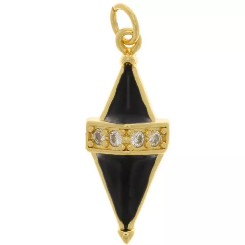 Pendente rombo in resina epossidica e  Ossido di zirconio 25x10 mm - Oro - Nero - Cristallo x1