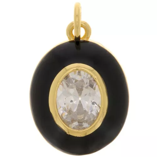 Pendente ovale in epoxy e Ossido di zirconio 18x13 mm - Oro - Nero - Cristallo x1