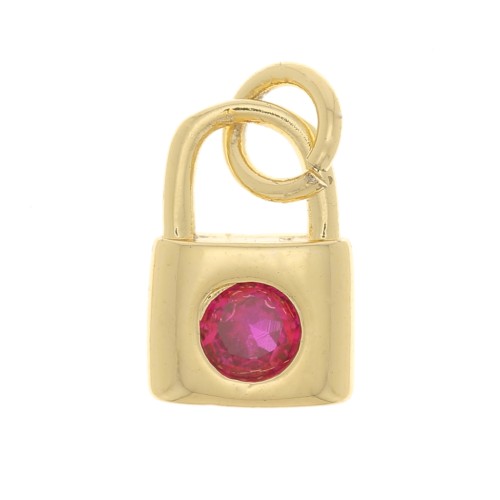 Ciondolo Lucchetto con Ossido di zirconio 8x6 mm - Oro - Fucsia x1