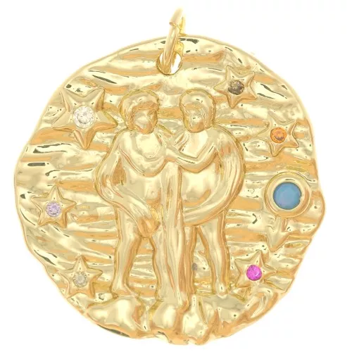 Pendente rotondo irregolare 21.5 mm con Ossido di zirconio - Segno zodiacale Gemelli -Dorato