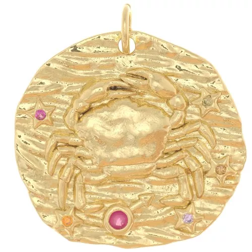 Pendente rotondo irregolare 22 mm con Ossido di zirconio - segno zodiacale Cancro -Dorato x1