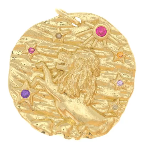 Pendente rotondo irregolare 21 mm con  Ossido di zirconio - segno zodiacale Leone -Dorato x1