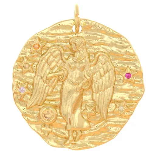 Pendente rotondo irregolare 22 mm con  Ossido di zirconio - segno zodiacale Virgo -Dorato x1