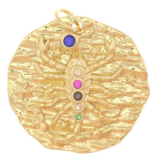 Pendente rotondo irregolare 22 mm con Ossido di zirconio - segno zodiacale Scorpione -Dorato