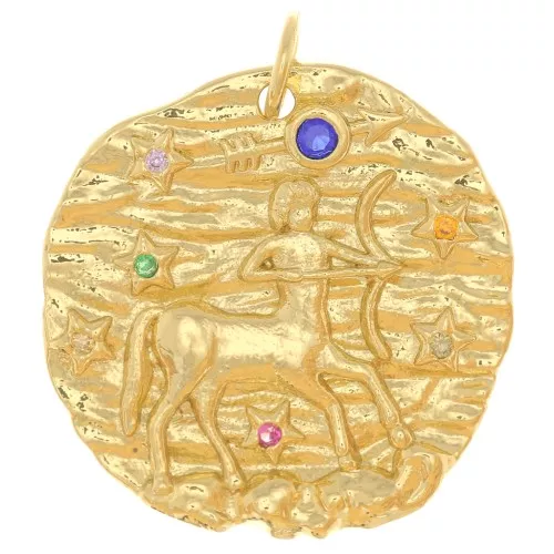 Pendente rotondo irregolare 21 mm con Ossido di zirconio - segno zodiacale Sagittario -Dorato