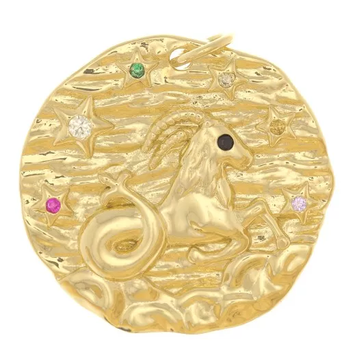 Pendente rotondo irregolare 22mm - segno zodiacale Capricorno -Dorato