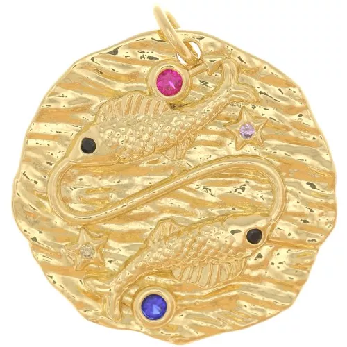 Pendente rotondo irregolare 22 mm con Ossido di zirconio - segno zodiacale Pesci - Dorato x1