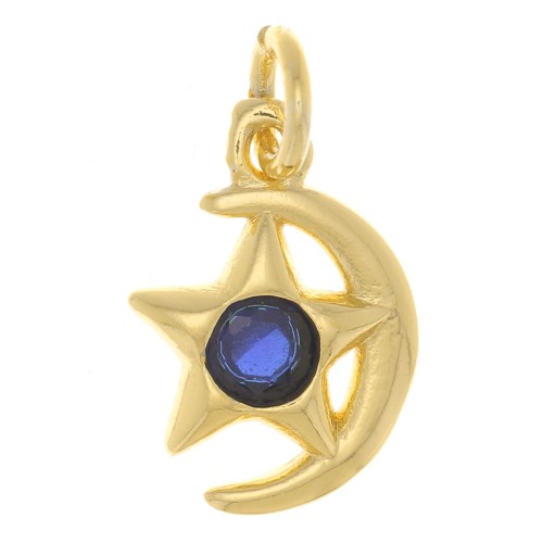 Ciondolo luna e stella con Ossido di zirconio 10x8 mm - Oro - Blu scuro x1