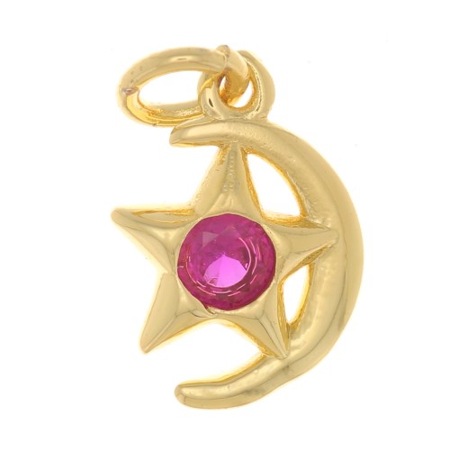 Ciondolo luna e stella con Ossido di zirconio 10x8 mm - Oro - Fucsia x1