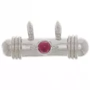 Pendente etnico a tubo 9x19.5 mm con cabochon di vetro - Rodio - Rosso x1