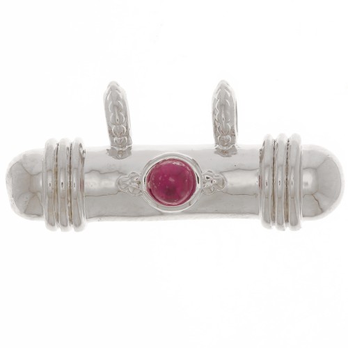 Pendente etnico a tubo 9x19.5 mm con cabochon di vetro - Rodio - Rosso x1