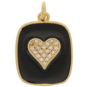 Pendente rettangolare cuore con  Ossido di zirconio e resina epossidica 19x15 mm - Oro - Nero