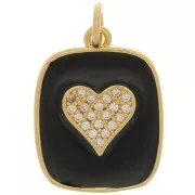 Pendente rettangolare cuore con  Ossido di zirconio e resina epossidica 19x15 mm - Oro - Nero