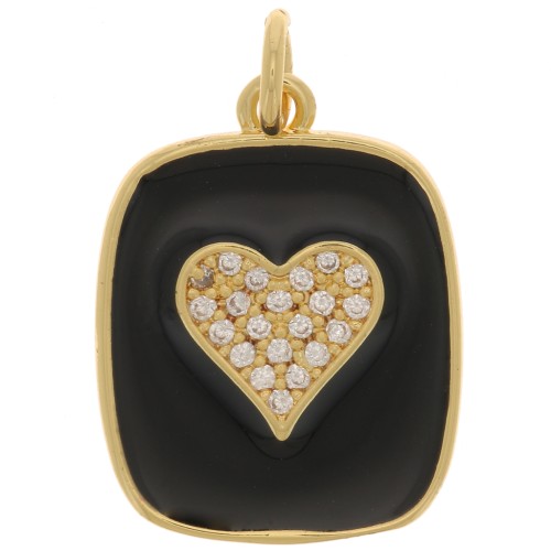 Pendente rettangolare cuore con  Ossido di zirconio e resina epossidica 19x15 mm - Oro - Nero