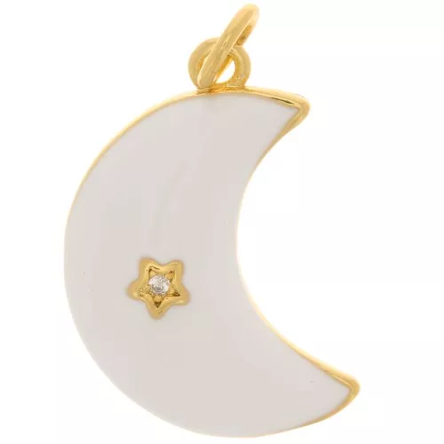 Pendente luna - stella con Ossido di zirconio e resina 21x14 mm - Oro - Bianco x1