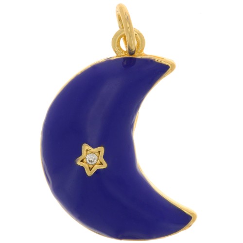 Pendente luna - stella con  Ossido di zirconio e resina 21x14mm - Oro - Blu scuro