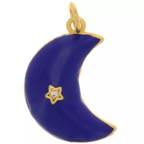 Pendente luna - stella con  Ossido di zirconio e resina 21x14mm - Oro - Blu scuro