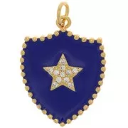 Pendente scudo - stella con  Ossido di zirconio e resina 23x18 mm - Oro - Blu scuro