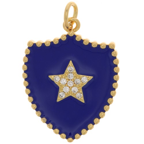 Pendente scudo - stella con Ossido di zirconio e resina 23x18 mm - Oro - Blu scuro