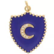 Pendente scudo - luna con  Ossido di zirconio e resina 23x18 mm - Oro - Blu scuro