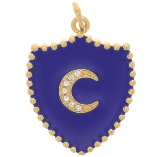 Pendente scudo - luna con  Ossido di zirconio e resina 23x18 mm - Oro - Blu scuro