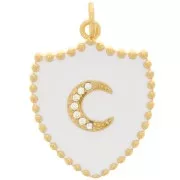 Pendente scudo - luna con  Ossido di zirconio e resina 23x18 mm - Oro - Bianco