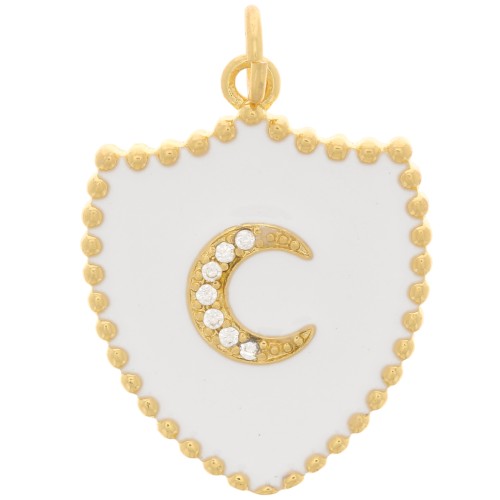 Pendente scudo - luna con Ossido di zirconio e resina 23x18 mm - Oro - Bianco