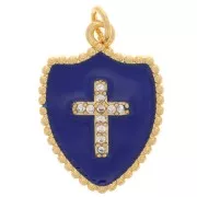 Pendente scudo - croce con  Ossido di zirconio e resina 19x14 mm - Oro - Blu scuro