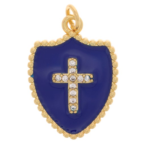 Pendente scudo - croce con  Ossido di zirconio e resina 19x14 mm - Oro - Blu scuro