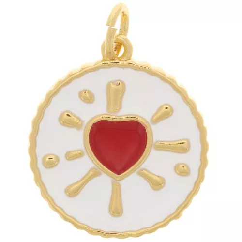 Pendente rotondo cuore resina epossidica 16 mm - Oro - Bianco - Rosso x1