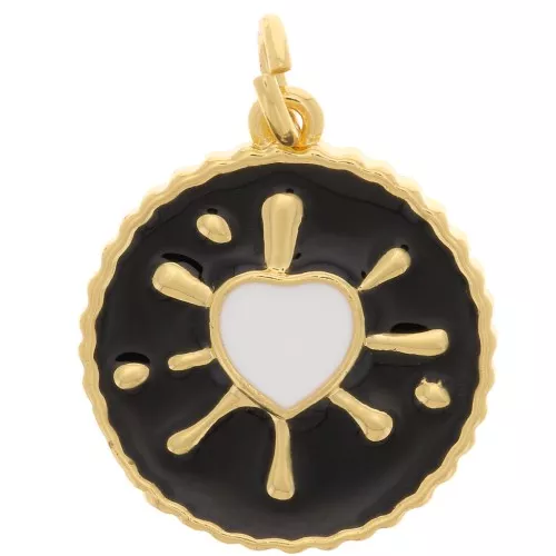 Pendente rotondo cuore resina epossidica 16 mm - Oro - Nero - Bianco x1
