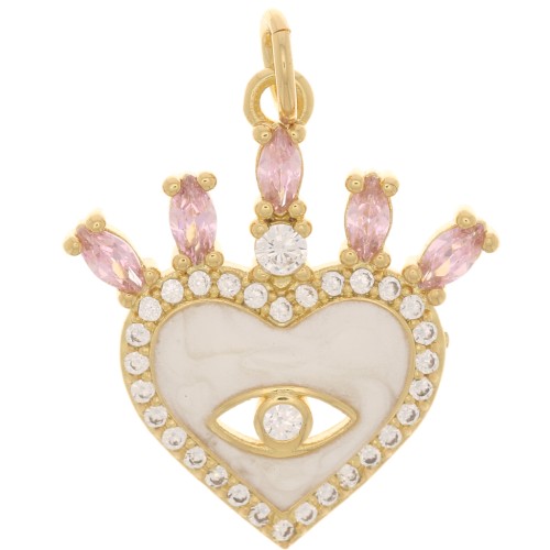 Pendente cuore e occhio - resina epossidica e  Ossido di zirconio 21x19 mm - Oro - Nudo - Rosa