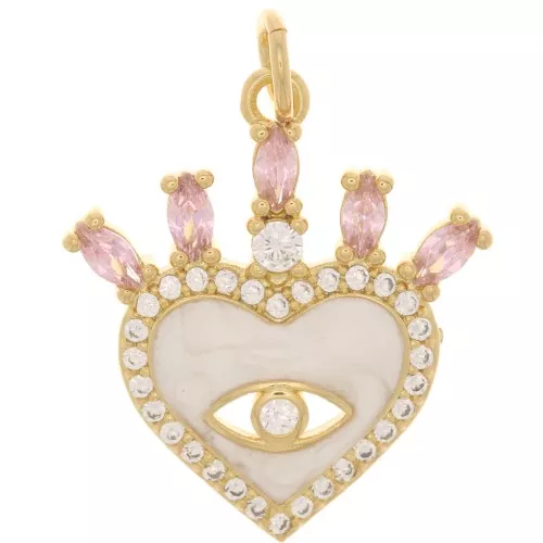Pendente cuore e occhio - resina epossidica e  Ossido di zirconio 21x19 mm - Oro - Nudo - Rosa