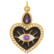 Pendente cuore e occhio - resina epossidica e  Ossido di zirconio 23x17mm - Oro - Nero - Viola|raw }}
