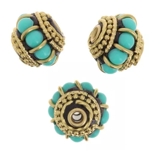 Perlina etnica indonesiana 11x13 mm - Turchese - Dorato x1