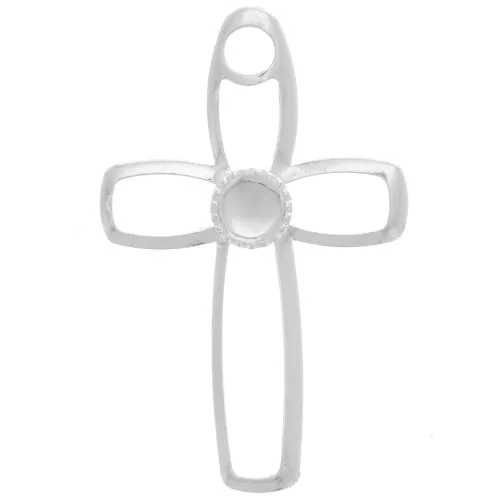 Pendente croce scavato 30x19mm - cabochon fondo piatto 4mm Placcatura argento fino